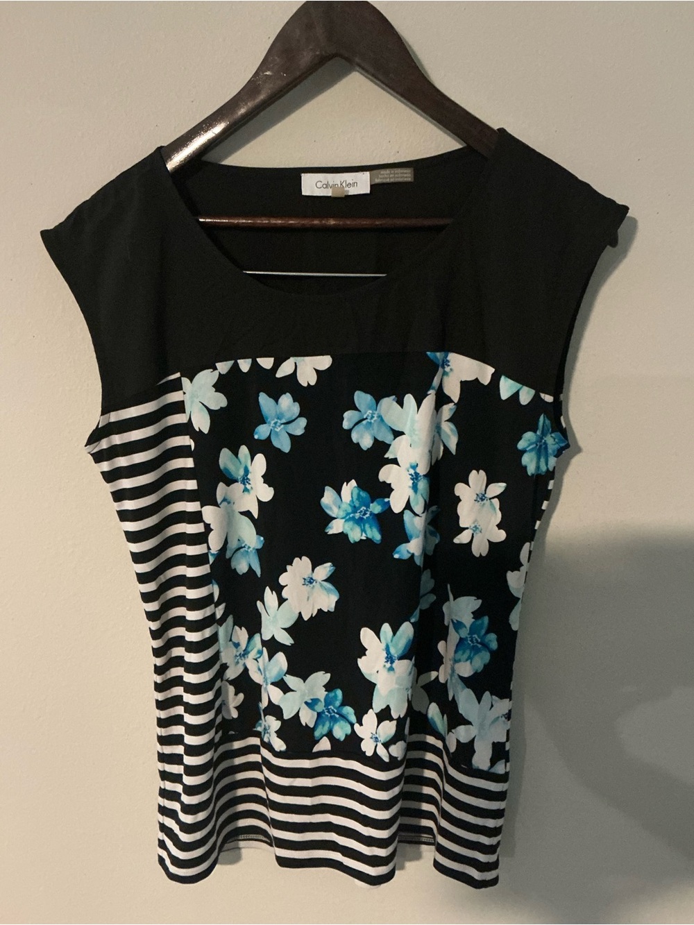 Calvin Klein Black Top with Blue & White Floral and Stripes
